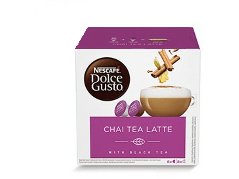 Caja de cápsulas Nescafe Dolce Gusto Chai Tea Latte. Con canela y una taza de latte.