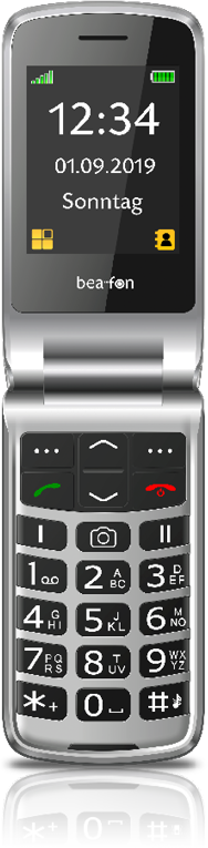 Ezüst kagylótelefon nagy billentyűzettel, az időt és a dátumot mutatva.