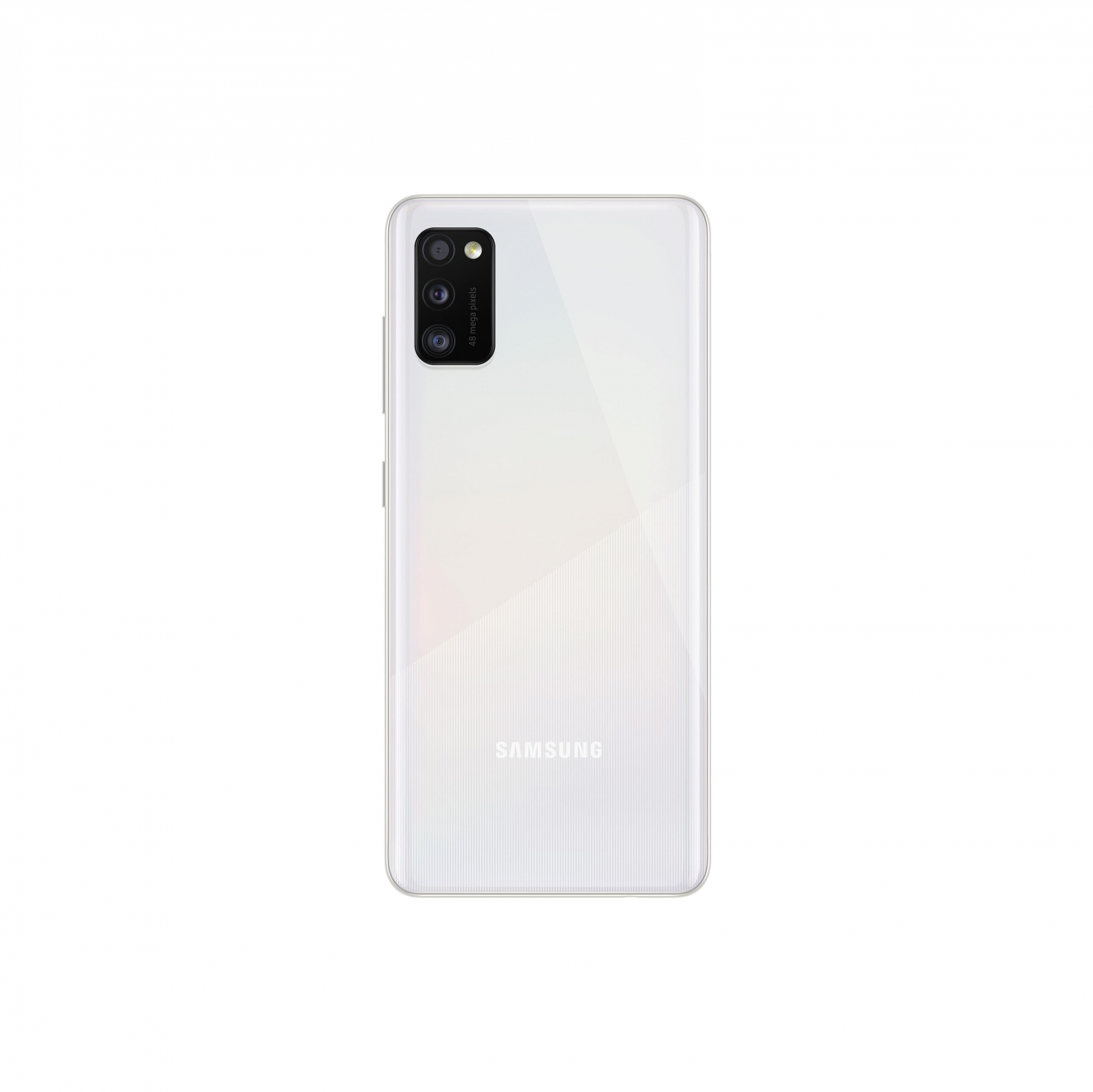 Parte trasera de teléfono blanco. Cámaras arriba a la izquierda. Logo Samsung abajo.
