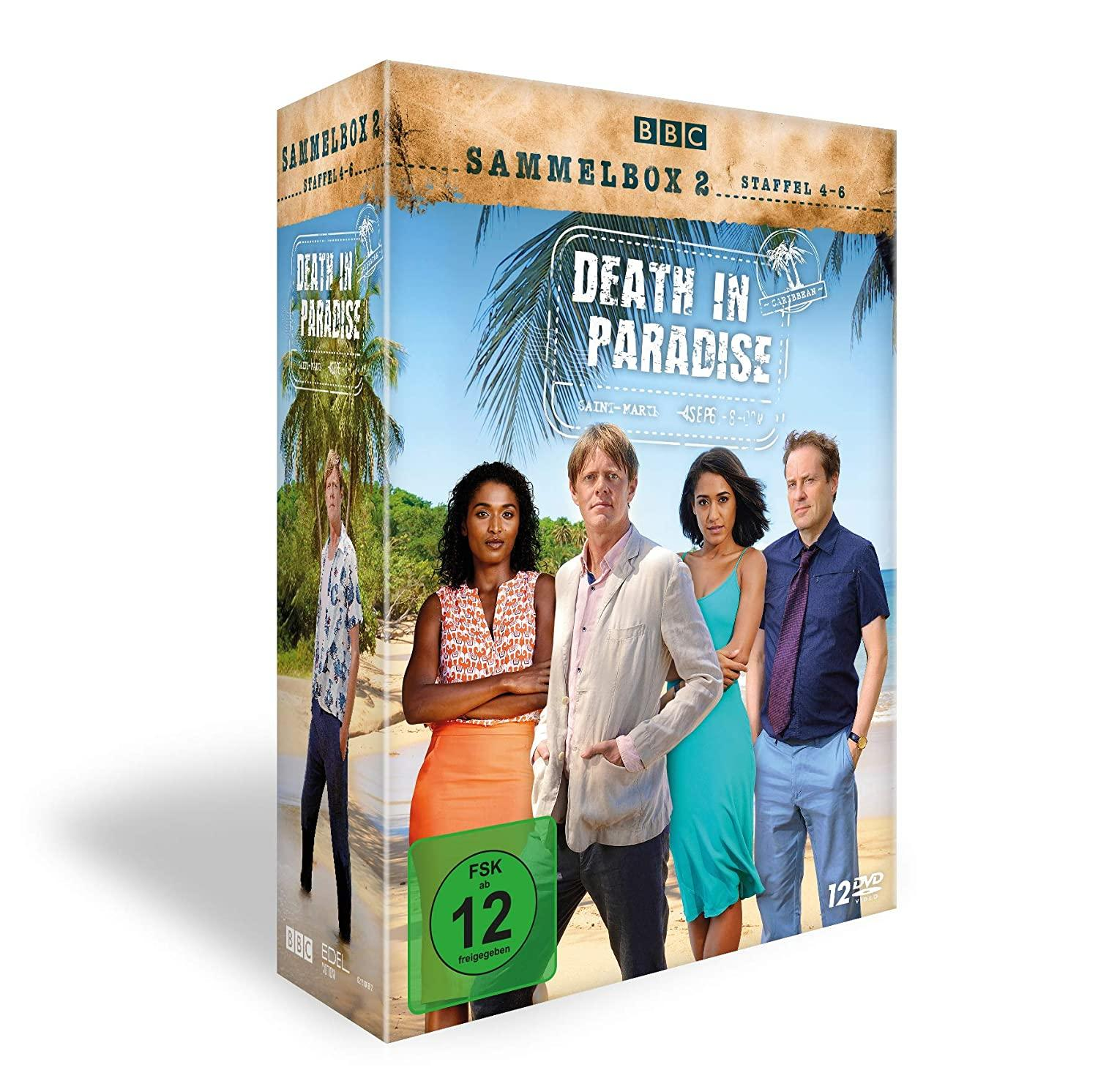 DVD-Box-Set von Death in Paradise mit Schauspielern auf dem Cover in tropischer Umgebung.