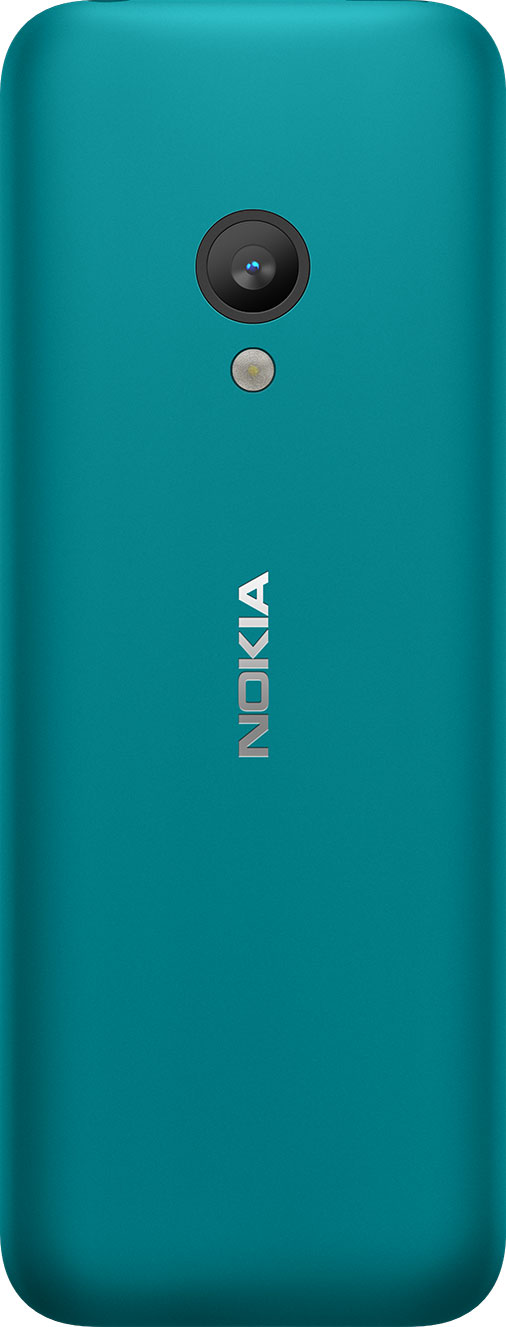 Blauwgroene Nokia-telefoon. Camera en flitser aan de achterkant, met het Nokia-logo onderaan.