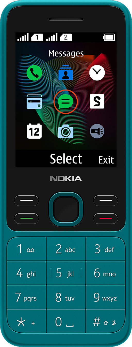 Nokia telefoon, teal, met app-iconen. Bericht-icoon gemarkeerd. Zwart scherm met teal frame.