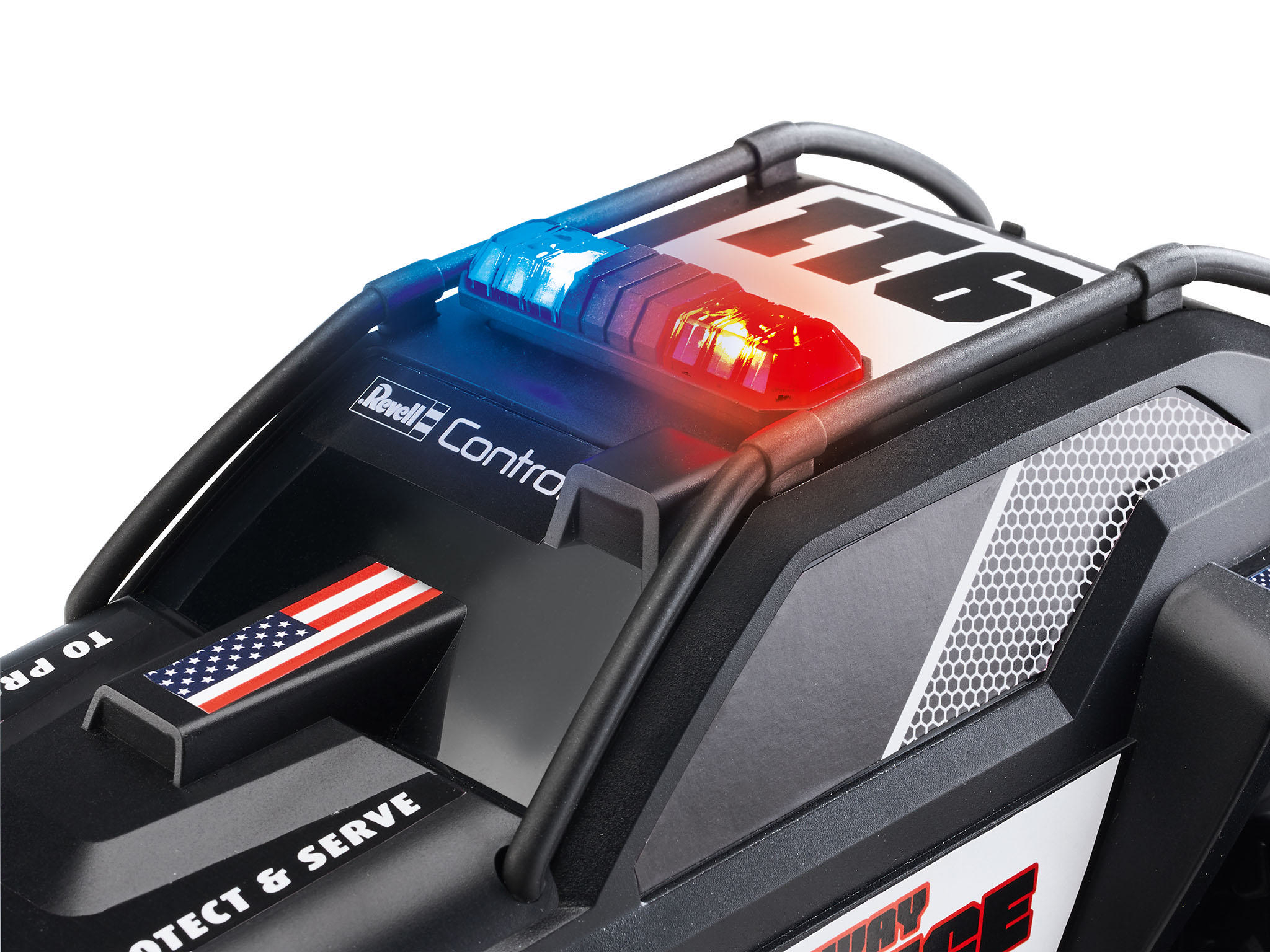 Schwarzes Spielzeug-Polizeiauto mit blauen und roten Lichtern. Die amerikanische Flagge ist seitlich.