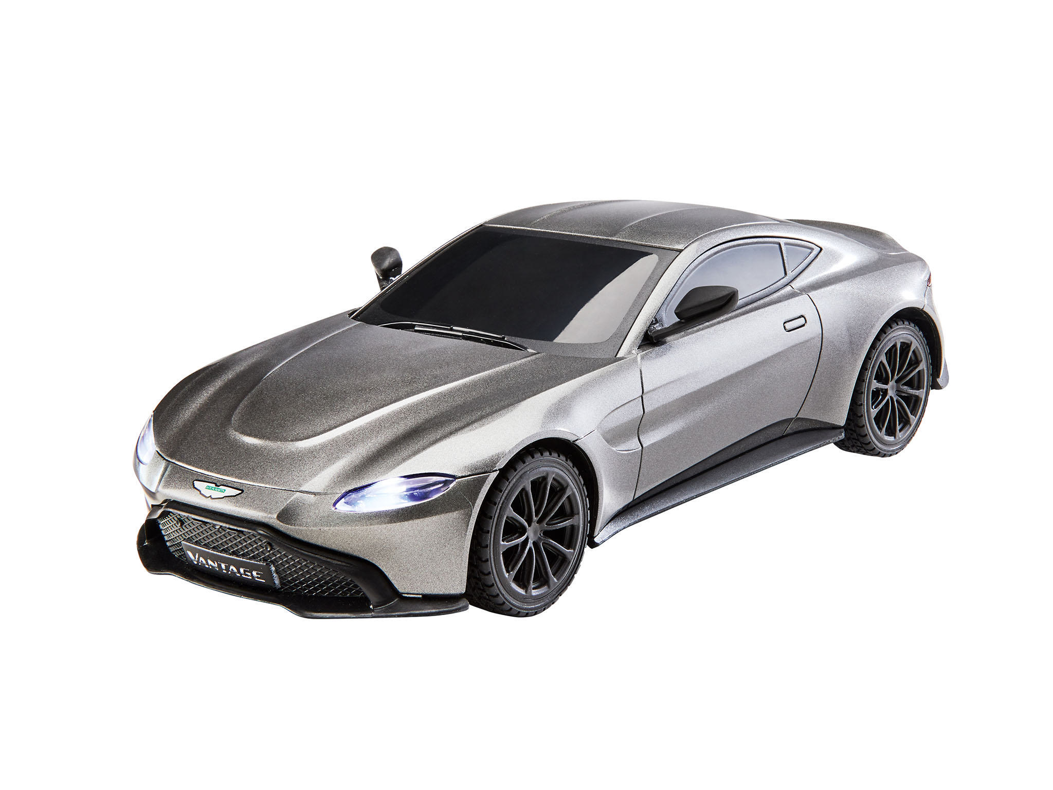 Ein silberner Aston Martin Vantage Sportwagen, isoliert auf weißem Hintergrund.