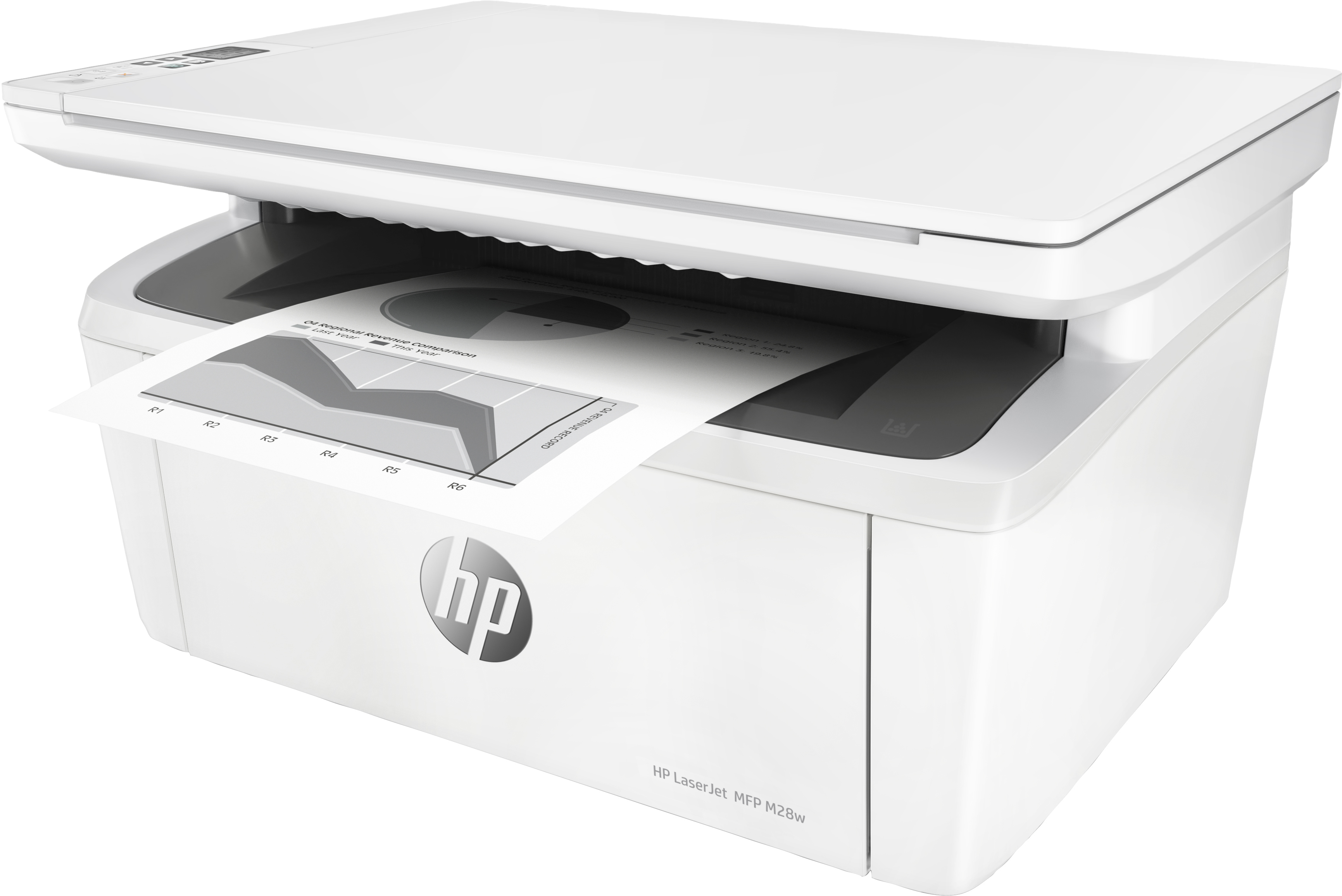 Una impresora láser HP blanca imprimiendo un gráfico. La impresora está sobre un fondo blanco.