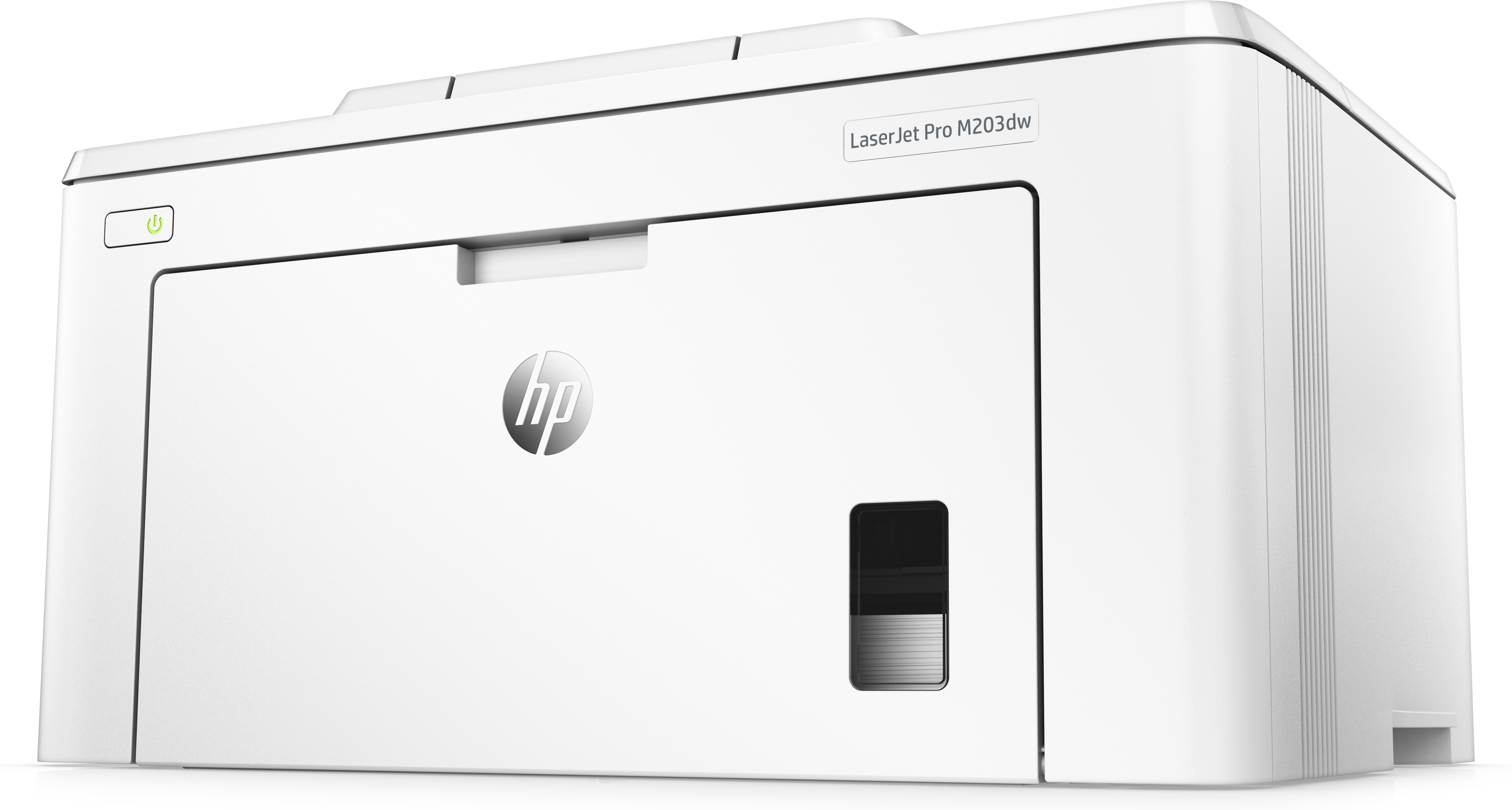 Impresora HP Laserjet Pro M203dw blanca. Tiene un botón de encendido, el logotipo de HP y una ranura de salida de papel.