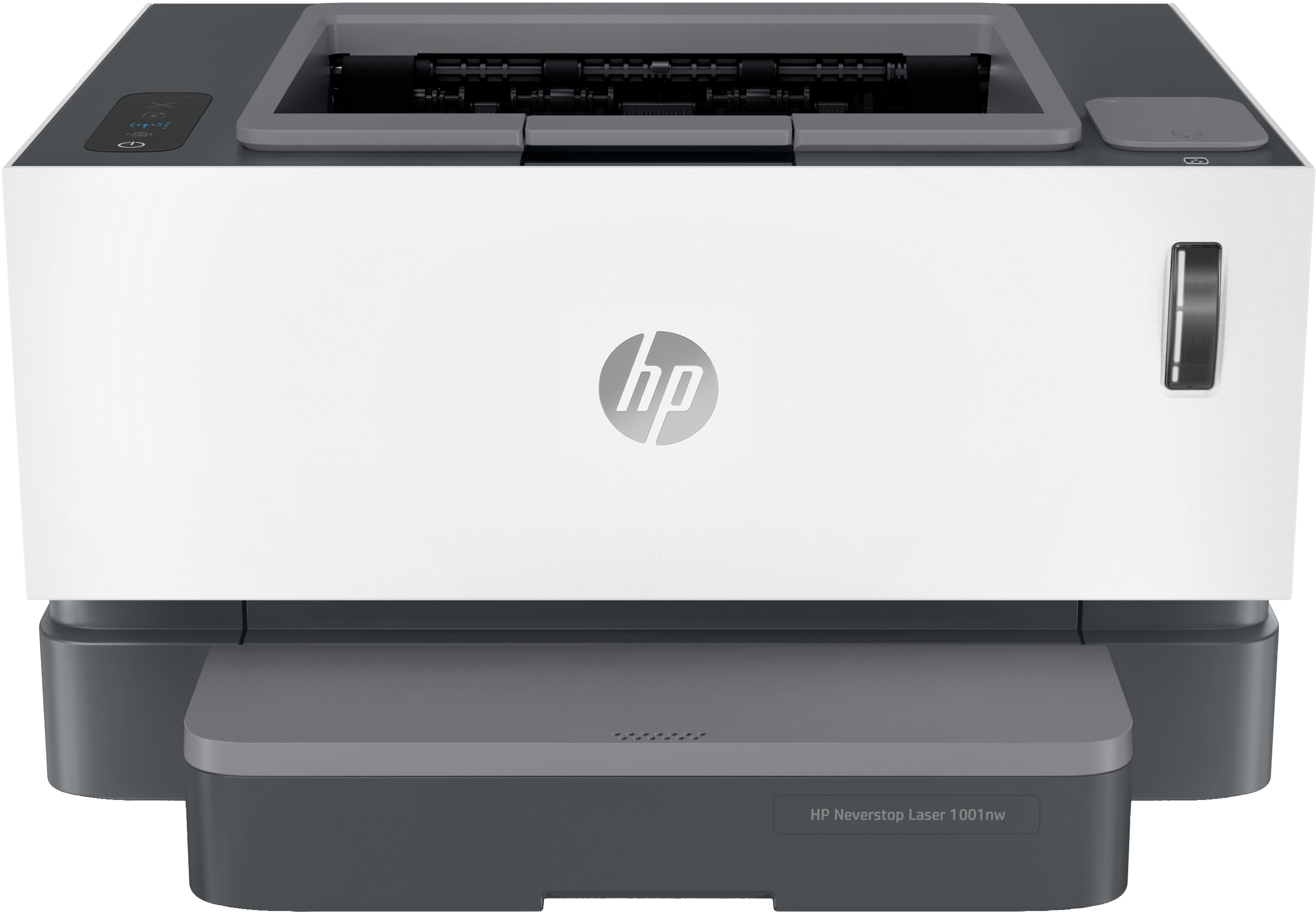 Impresora HP Neverstop Laser, blanca y gris, con el logotipo de HP destacado.