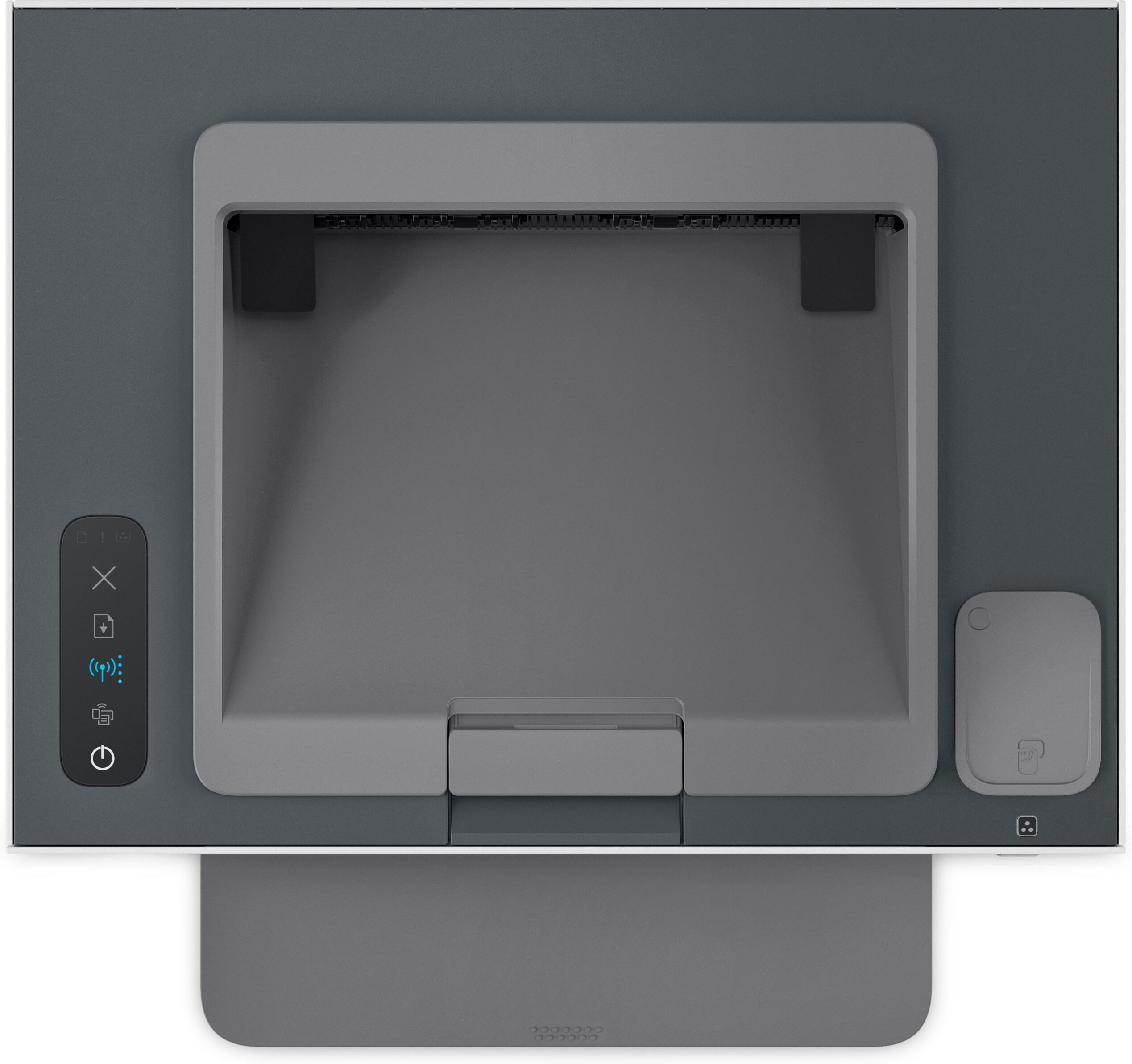 Imagen muestra la parte superior de una impresora gris con un panel de control a la izquierda y una bandeja de papel.