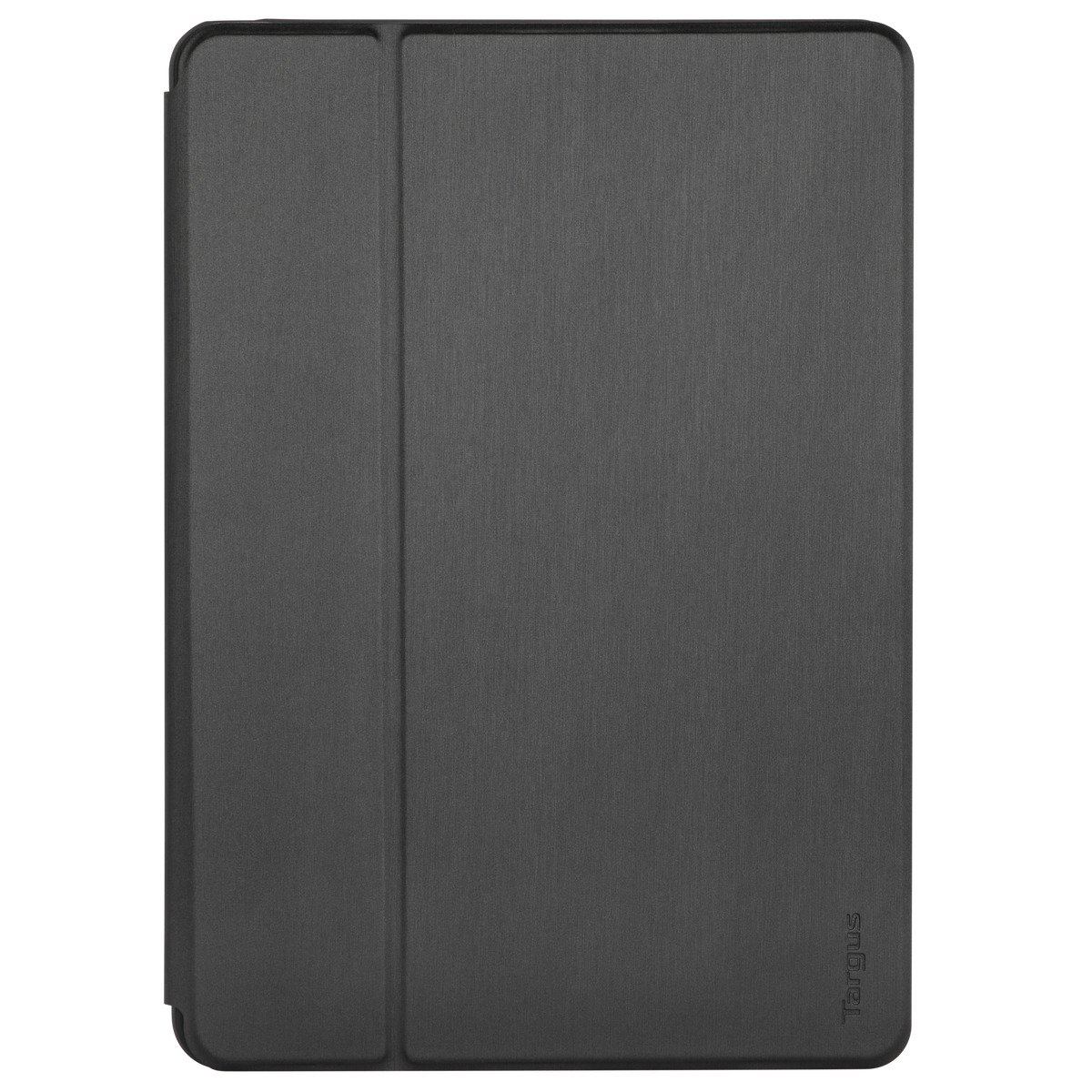 Funda para tableta Targus gris oscuro, cerrada, con el logotipo de Targus en la parte inferior.