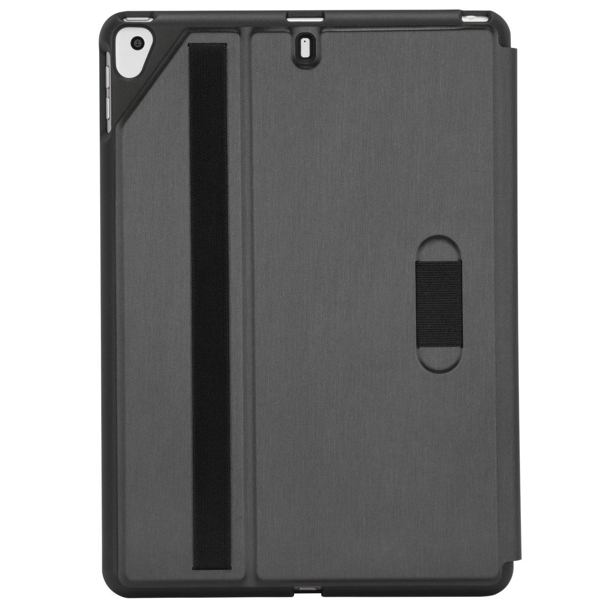 Funda iPad gris oscuro con correa negra y correa de velcro negra.