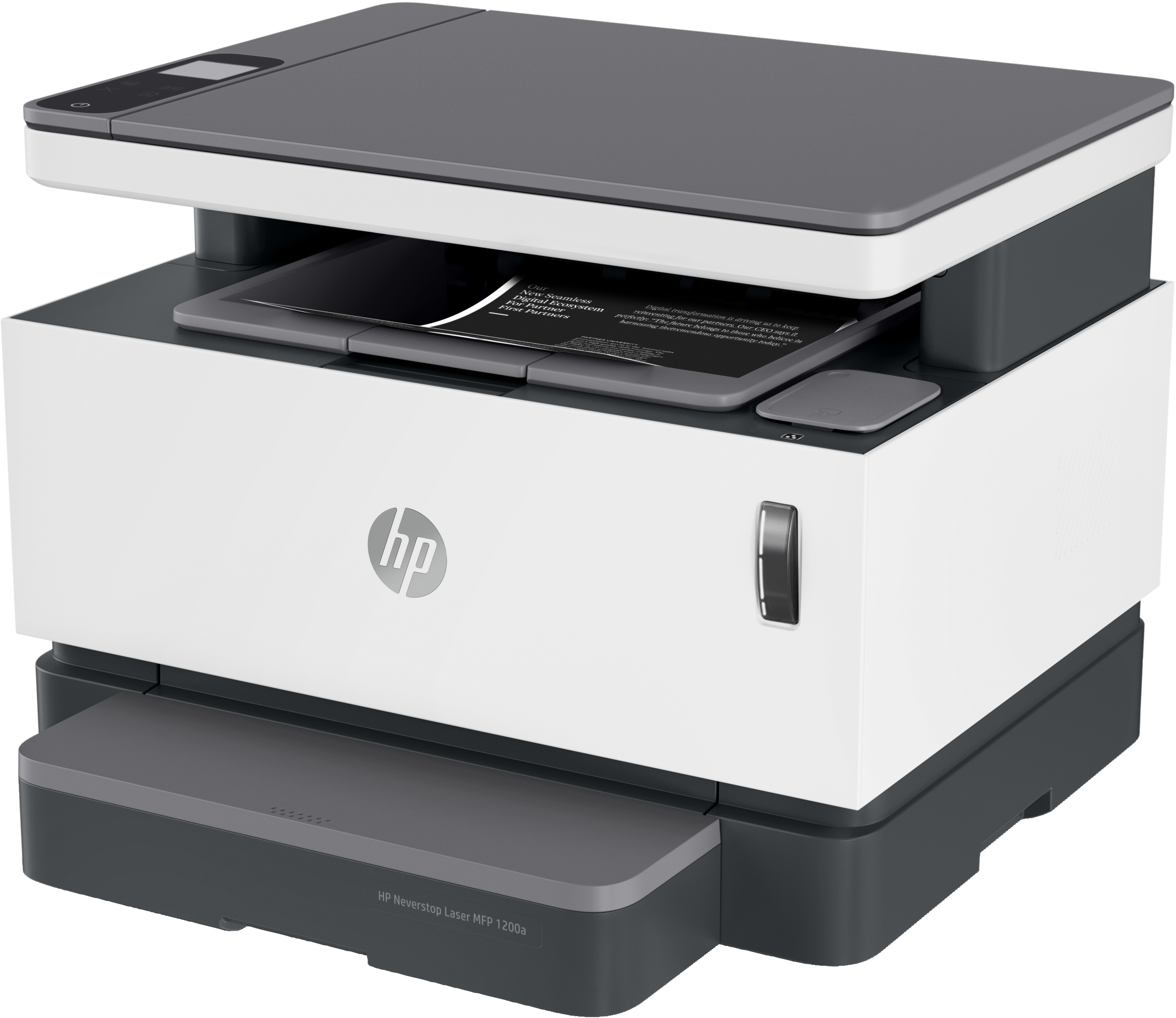 Beyaz ve gri HP Neverstop Laser MFP 1200a yazıcı. Kağıt tepsisi ve kapak açık.