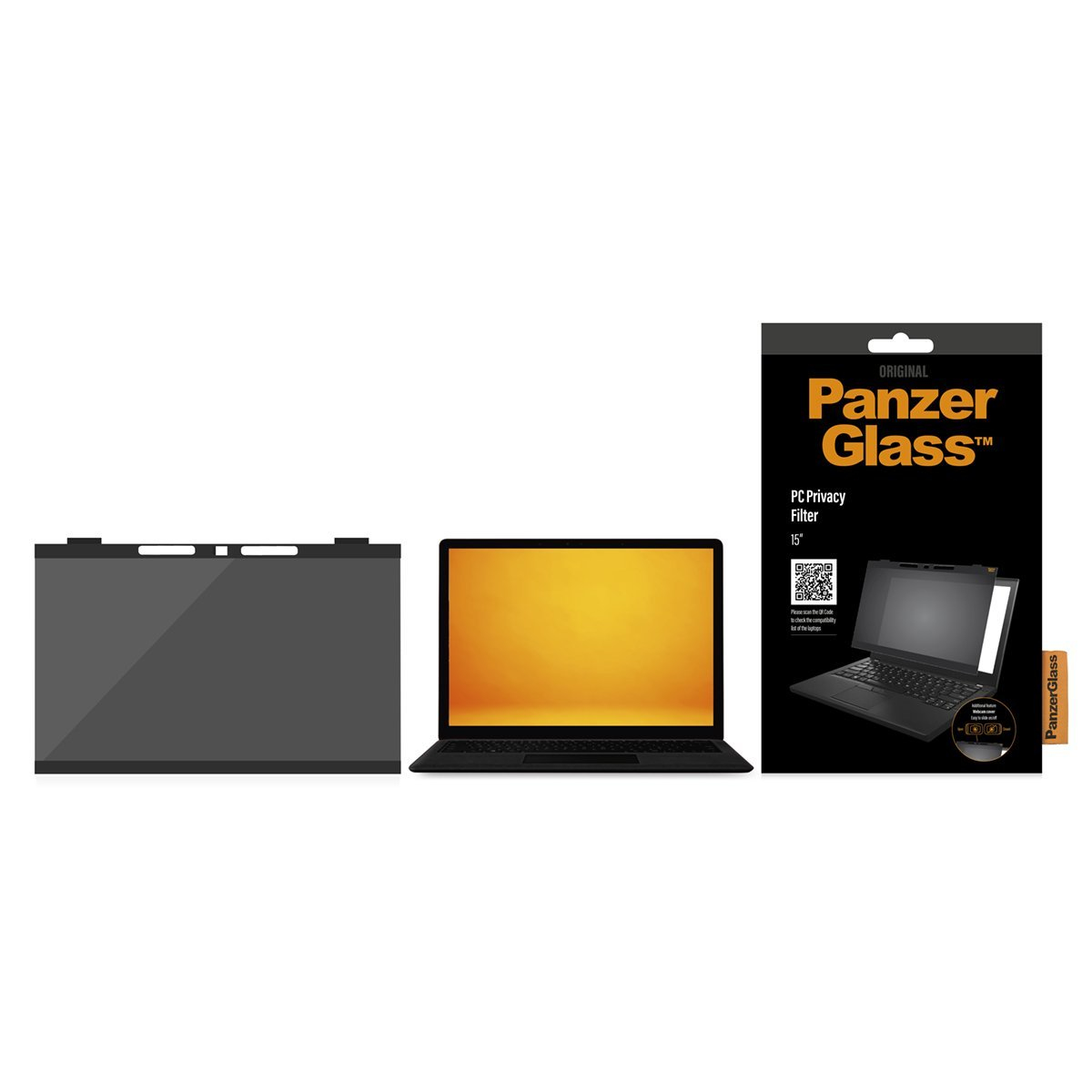 Laptop mit Sichtschutz und Verpackung. Der Bildschirm ist schwarz und der Hintergrund ist weiß.