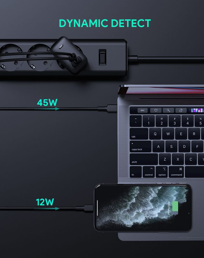 Ein Laptop, Telefon und eine Steckdosenleiste sind verbunden. Text sagt 'DYNAMIC DETECT', '45W' und '12W'.