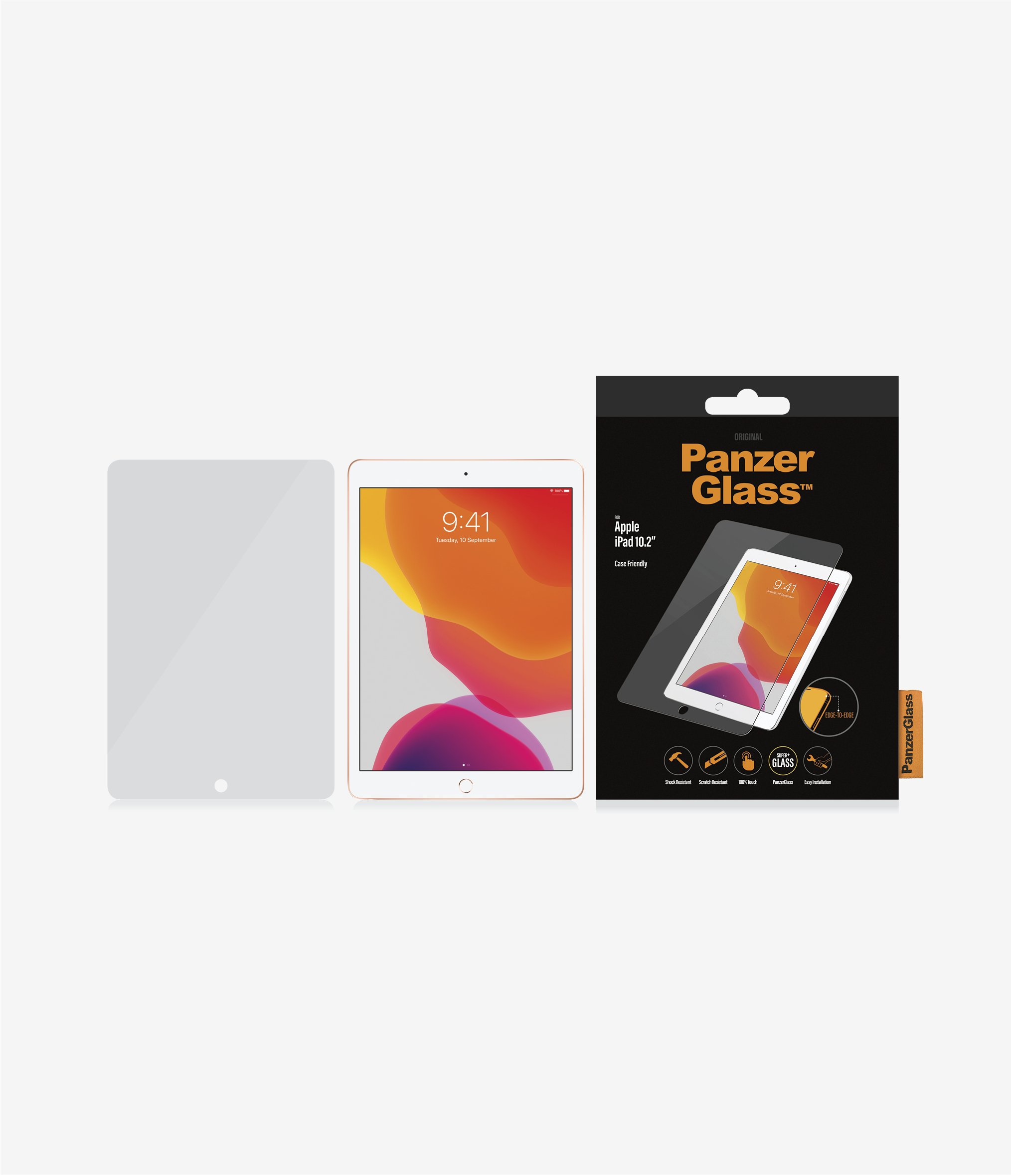 iPad with a PanzerGlass screen protector and packaging.