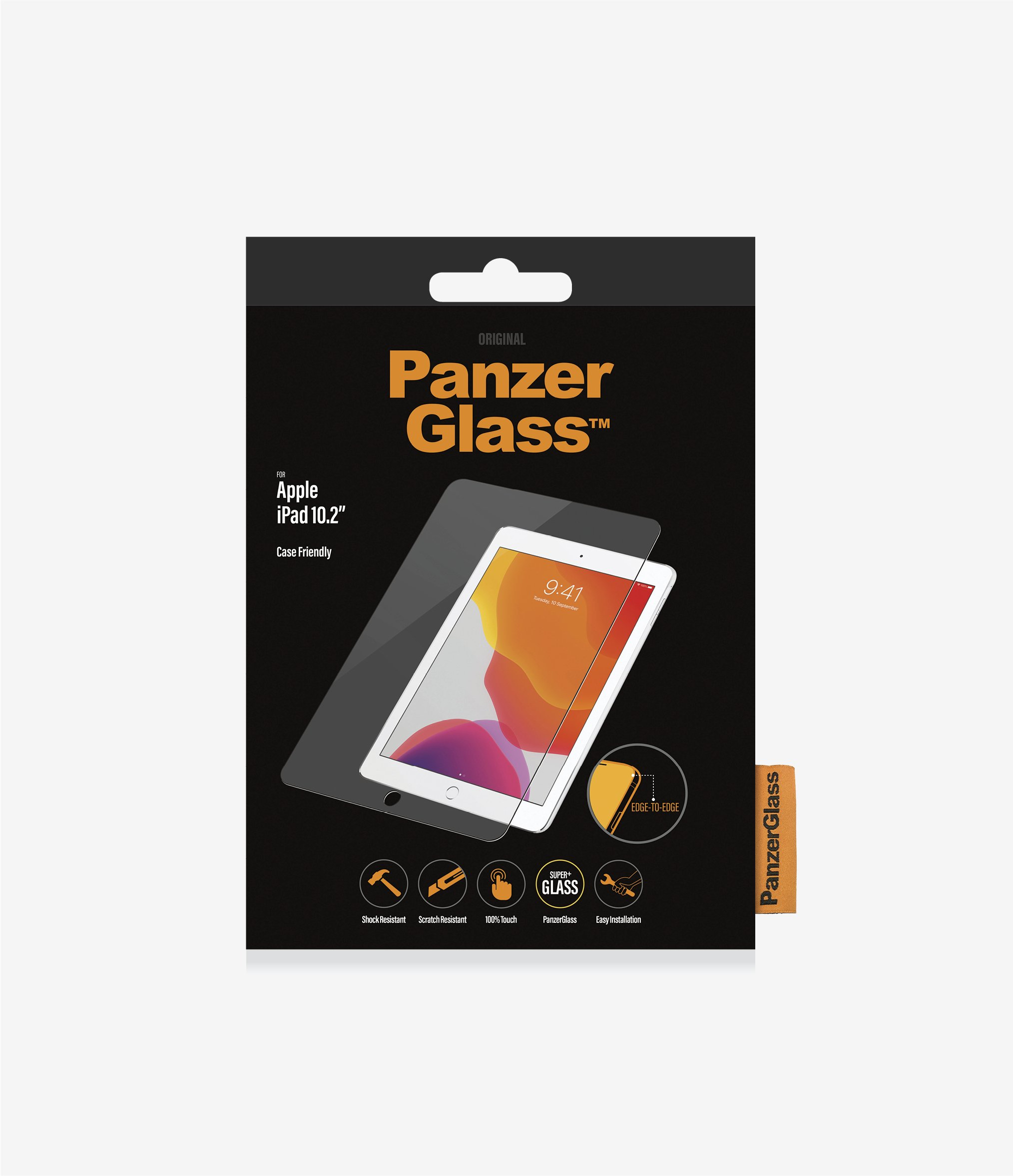Packaging of a screen protector for iPad. It has a tablet image and text.