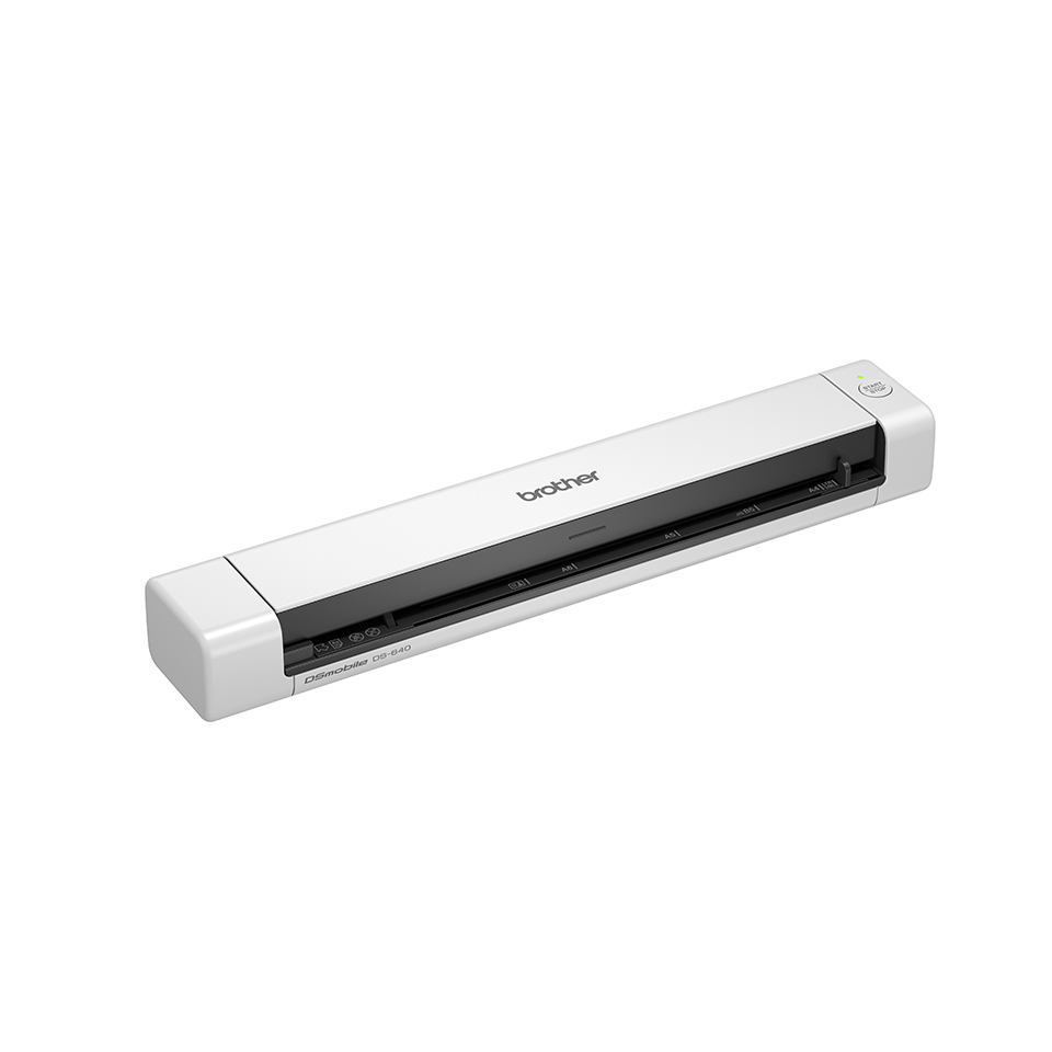 Escáner blanco Brother DS-mobile DS-640. Forma rectangular con el logo de Brother arriba.