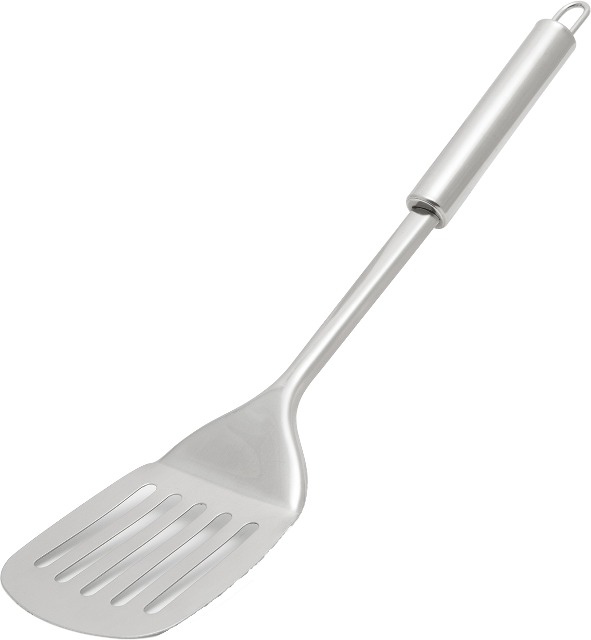 Ezüst réselt spatula. A nyél és a penge fémből készült.