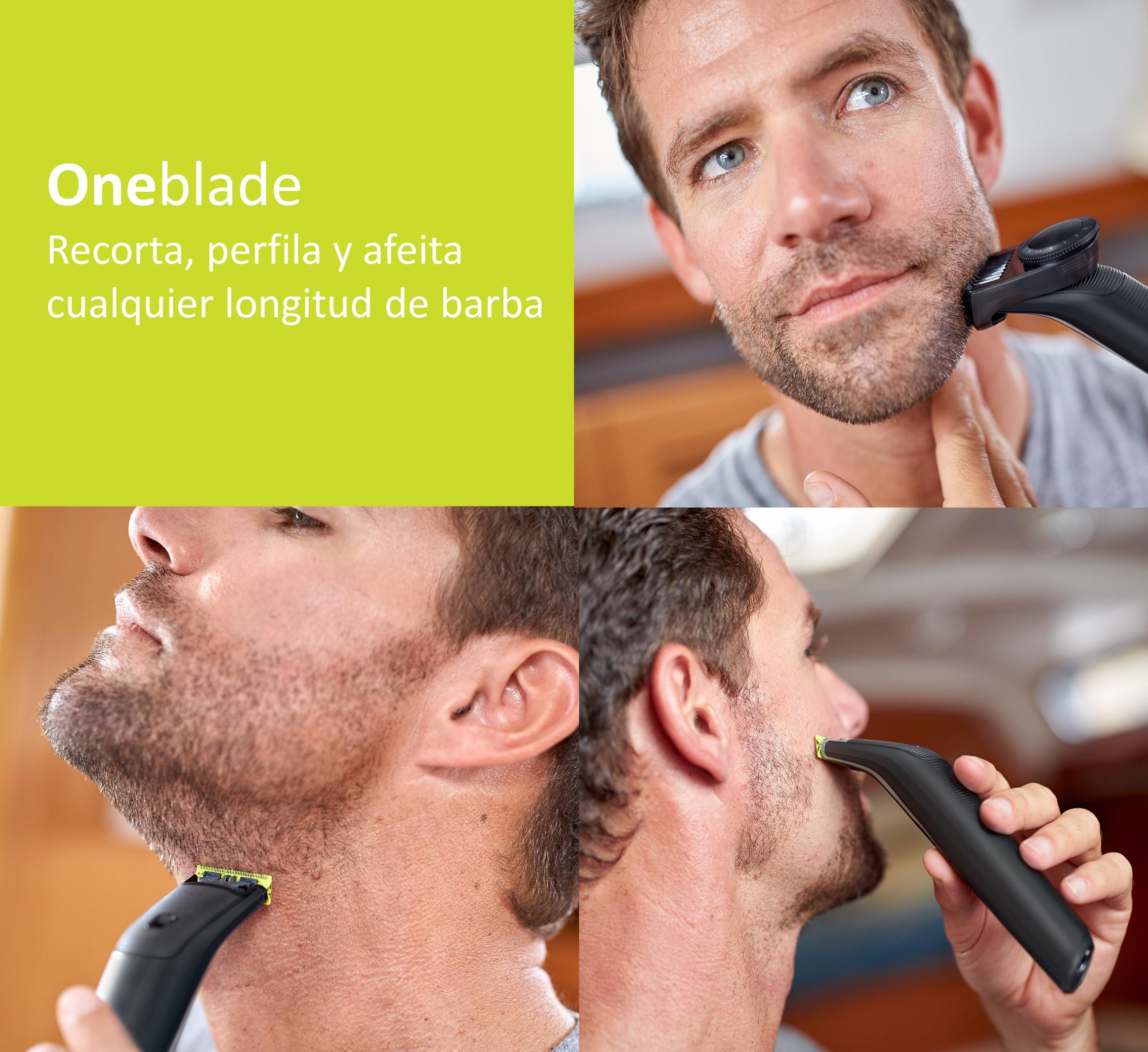 Un hombre afeitándose la barba con una maquinilla Oneblade, primeros planos.
