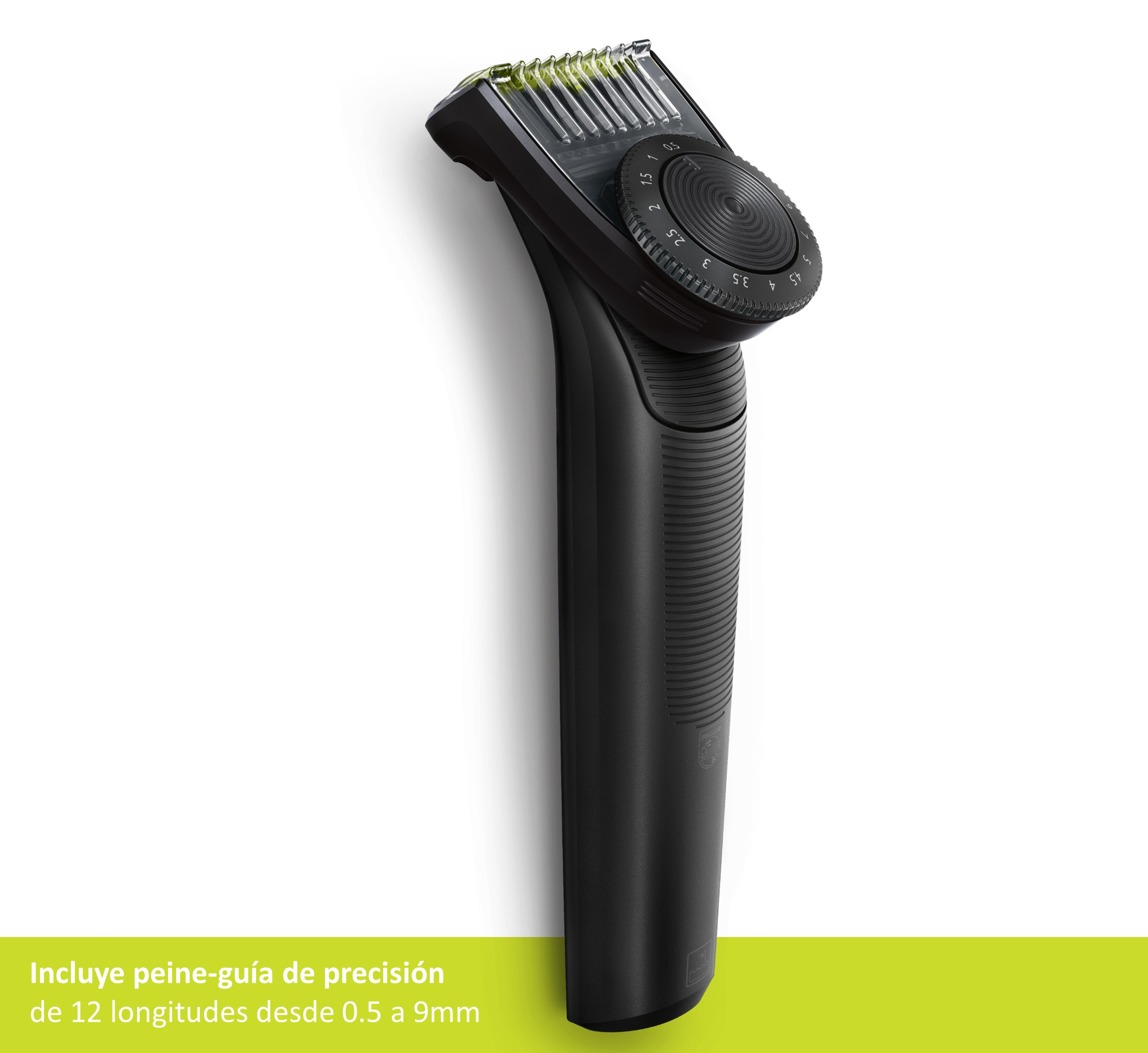 Afeitadora eléctrica negra y verde con dial giratorio y peine guía de precisión.