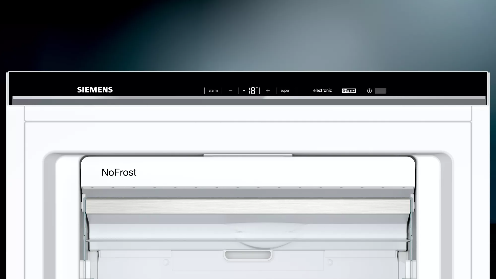 Siemens vriesdeur. Zwart paneel met display, witte deur met 'NoFrost'-tekst.