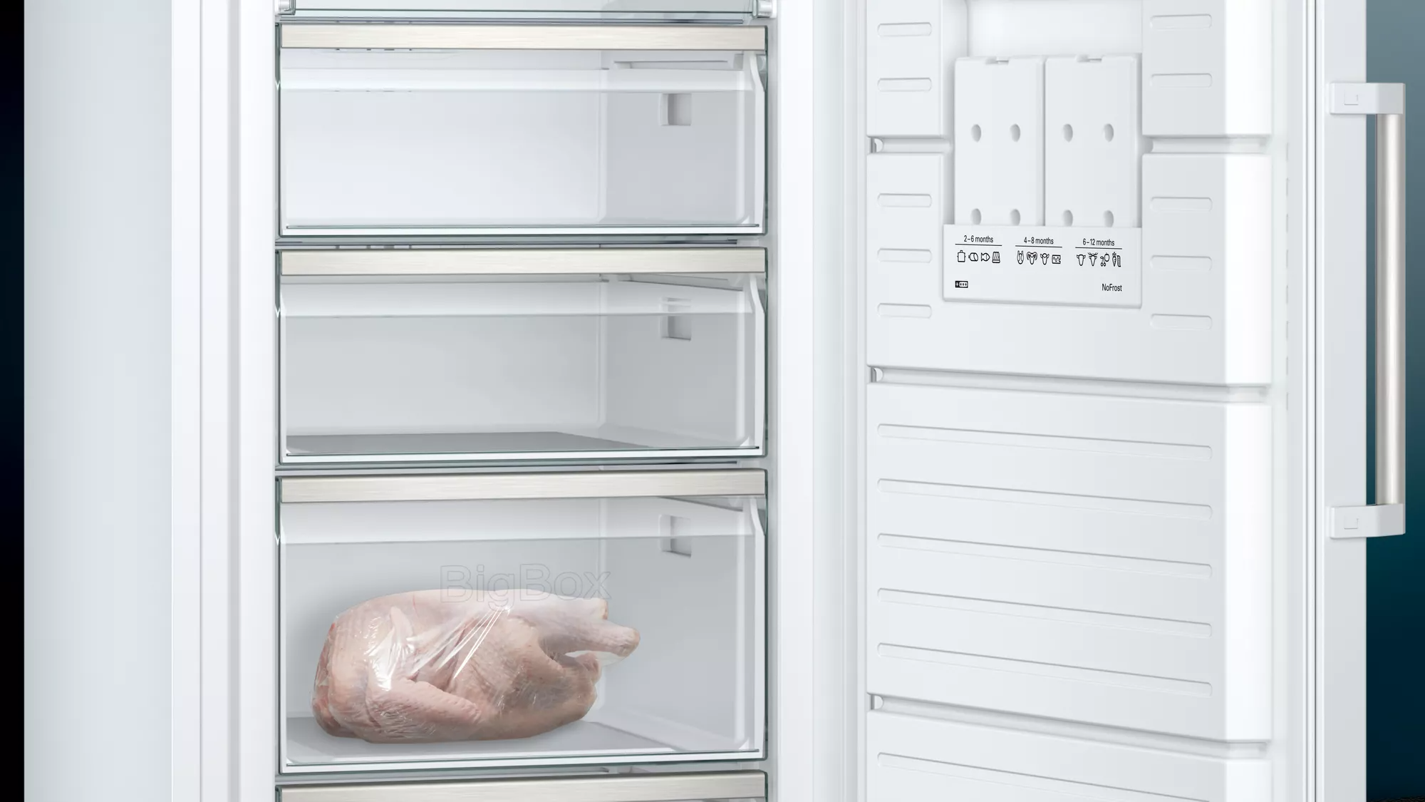 Een witte koelkast met open deur, met laden en een bevroren kalkoen in een BigBox.