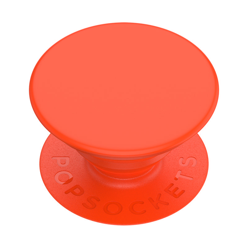 Ein leuchtend orangefarbener PopSockets-Griff, rund mit dem Logo des Unternehmens auf der Basis.