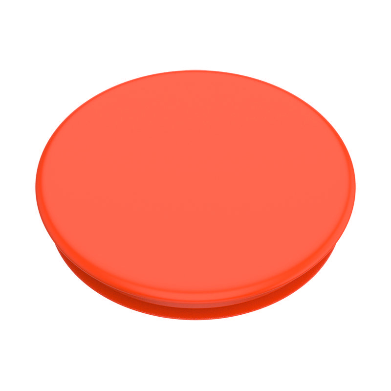 Ein orangefarbener PopSocket. Es ist rund mit einer erhabenen Oberseite. Der Hintergrund ist eine weiße Oberfläche.