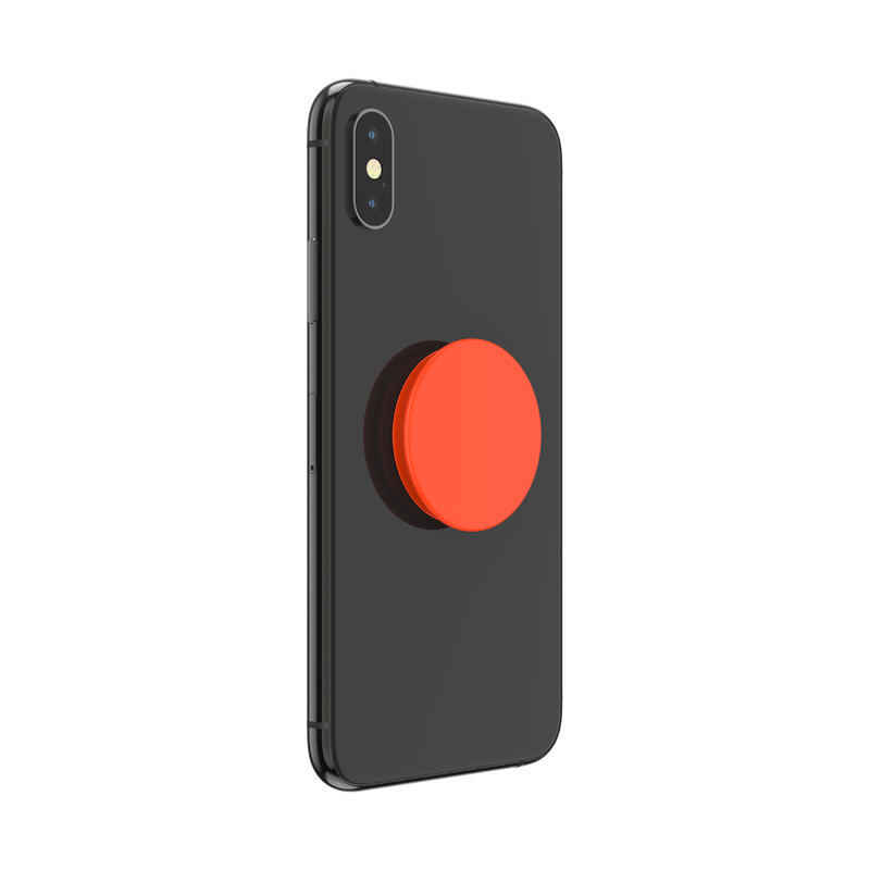 Ein schwarzes Smartphone mit einem roten Pop-Socket auf der Rückseite. Der Pop-Socket ist rund.