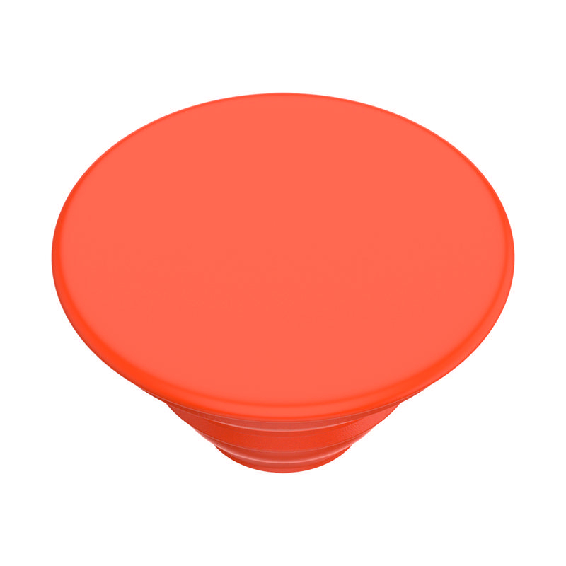 Hellorangefarbener PopSocket auf weißem Hintergrund. Es hat eine kreisförmige Form mit Rillen.