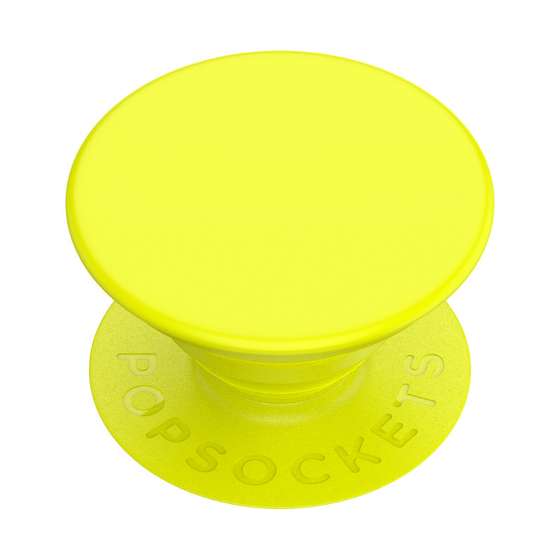 Hellgelber PopSocket. Runde Ober- und Unterseite. Text 'POPSOCKETS' auf der Basis.