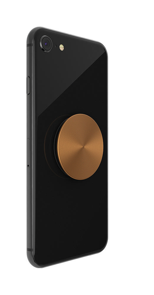 Schwarzes Smartphone mit angebrachtem bronzefarbenen Pop-Socket. Der Pop-Socket hat ein kreisförmiges Design.