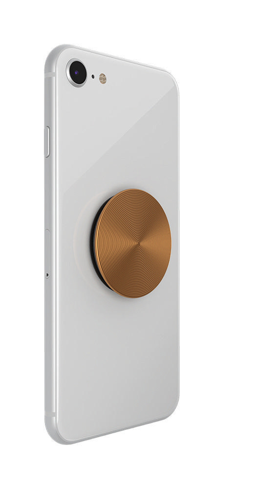 Weißes Telefon mit angebrachtem Pop-Socket aus Bronze.