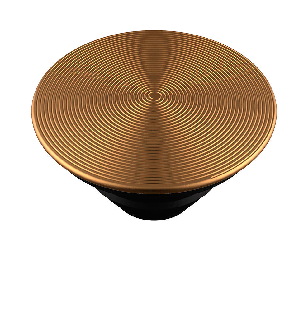 Runder, bronzefarbener Handy-Griff mit schwarzem Sockel, mit Spiraldesign.