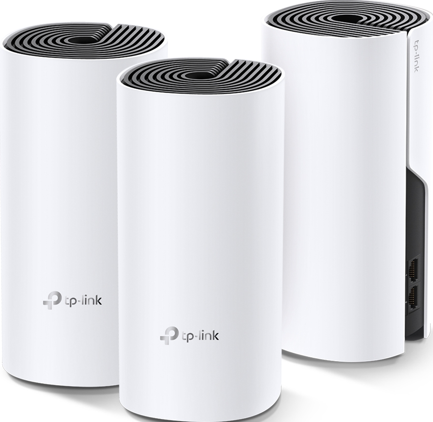 Trois appareils wifi maillés Tp-link cylindriques blancs. Les appareils sont debout.