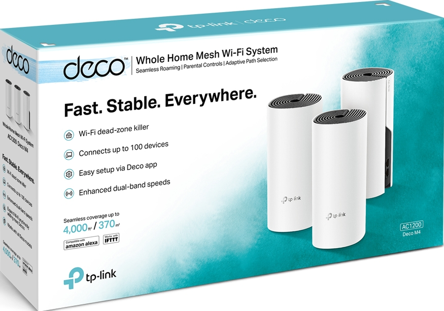 Une boîte de système Wi-Fi mesh tp-link Deco bleu sarcelle et blanche avec trois unités Wi-Fi blanches à l'intérieur.