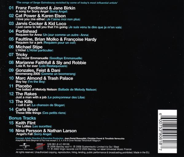 Dos d'un boîtier de CD avec listes de titres et crédits. Le fond est bleu. Petit texte en bas.