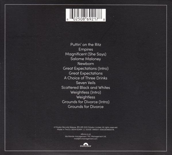 Dos du boîtier de CD avec la liste des titres. Fond noir, texte blanc et un logo.