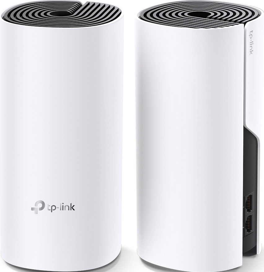 Zwei weiße, zylindrische TP-Link-Geräte mit schwarzem Einsatz an der Seite.