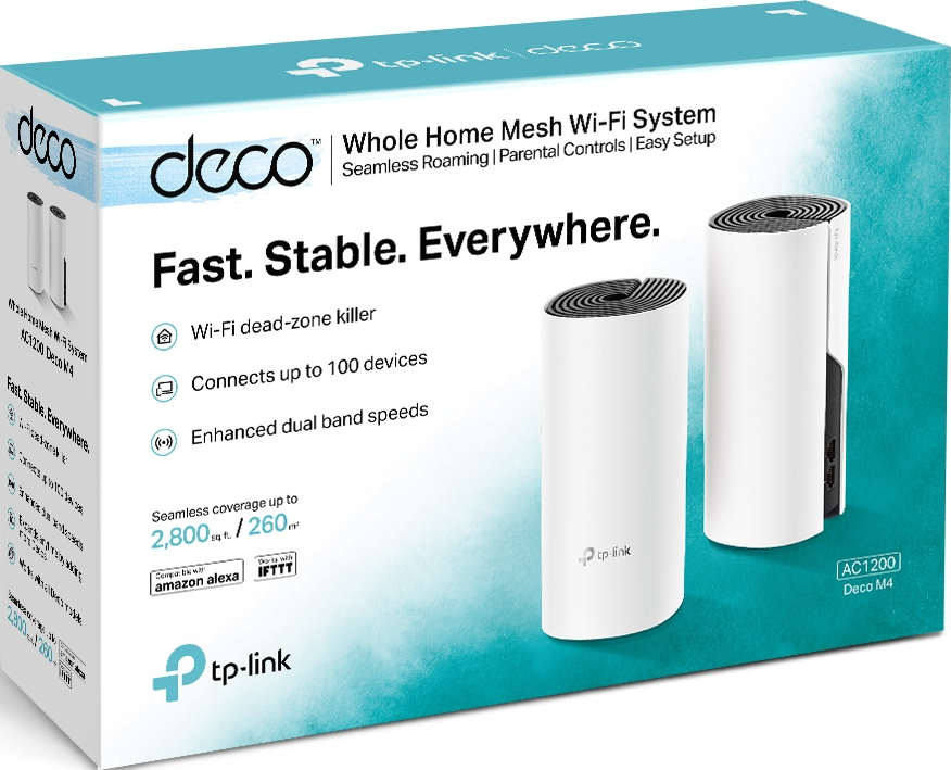 Eine weiße Mesh-WLAN-Systembox mit Text und Bildern des Systems.