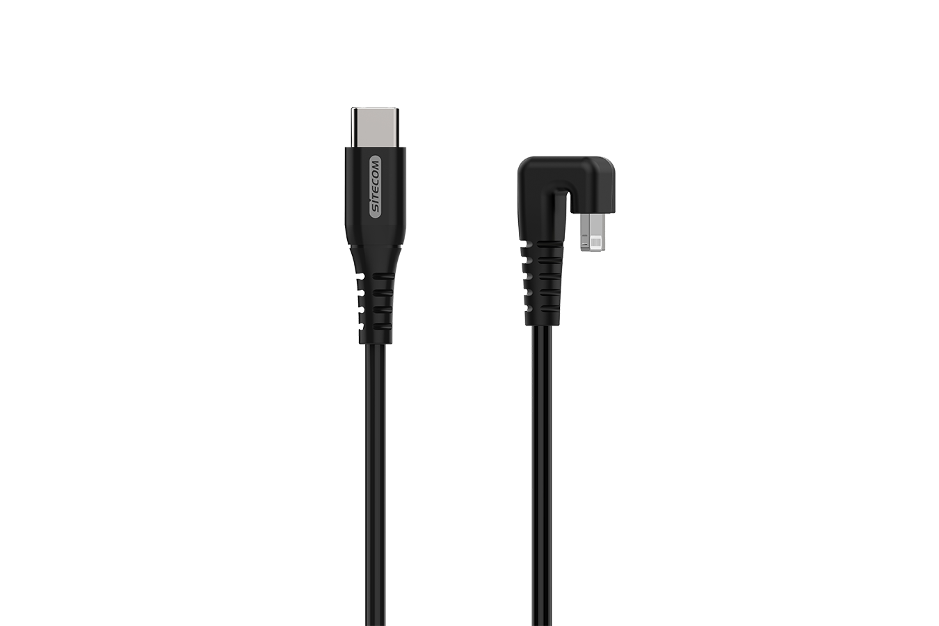 Een zwarte kabel met een USB-C connector aan de linkerkant en een haakse Micro-USB aan de rechterkant.
