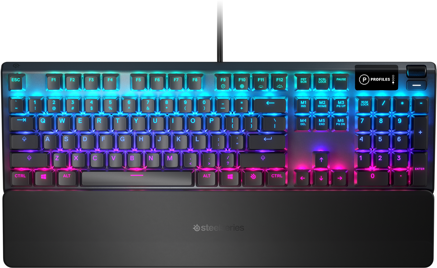 Steelseries billentyűzet RGB világítással. Fekete test, sok gomb, csuklótámasz.