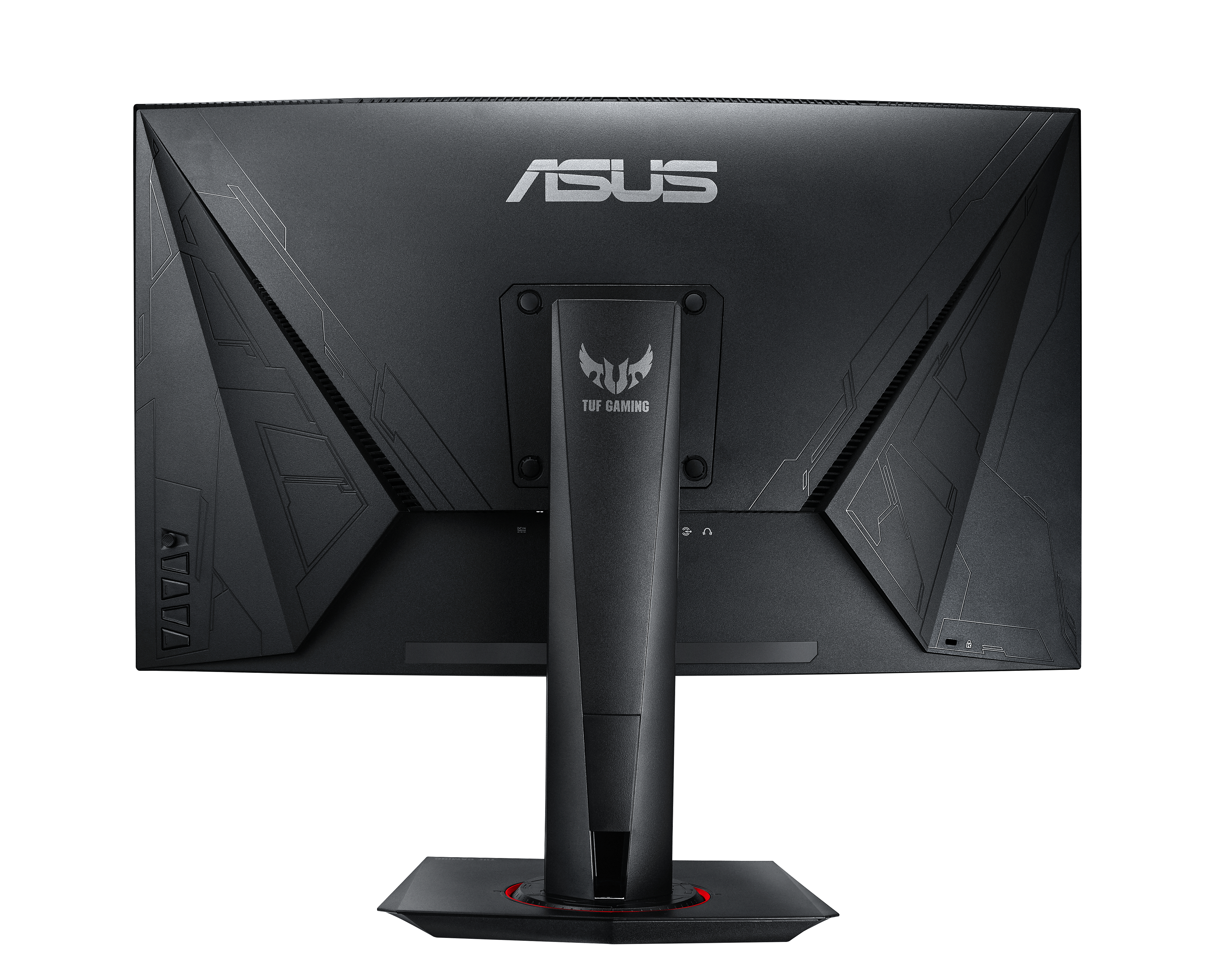 Schwarze Rückseite des Asus Gaming-Monitors. Silbernes Asus-Logo und TUF GAMING-Logo. Weißer Hintergrund.