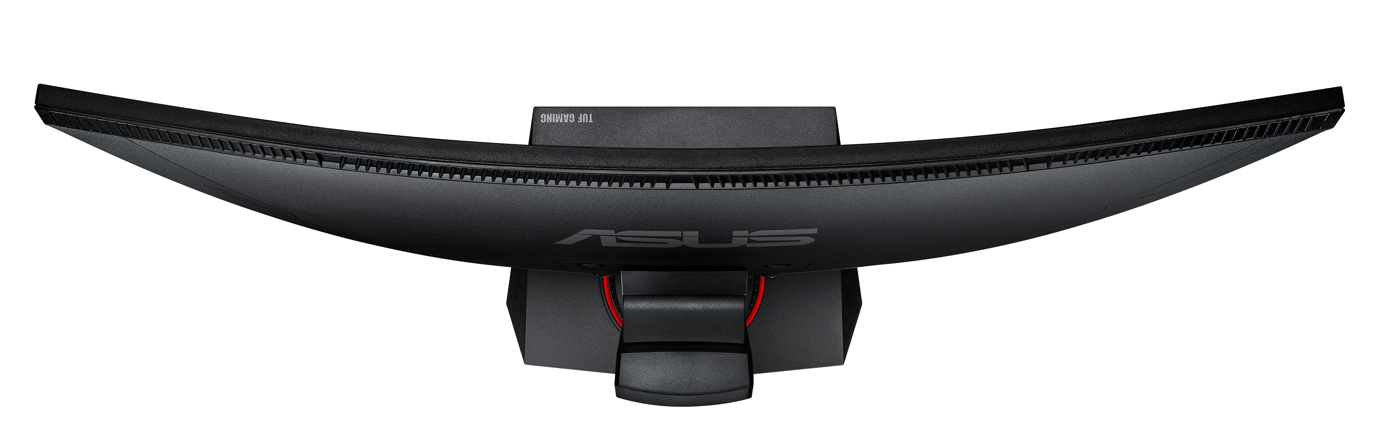 Gebogener schwarzer ASUS-Monitor, Draufsicht. ASUS-Logo in der Mitte. Gebogenes Design, schwarzer Rahmen und Ständer.
