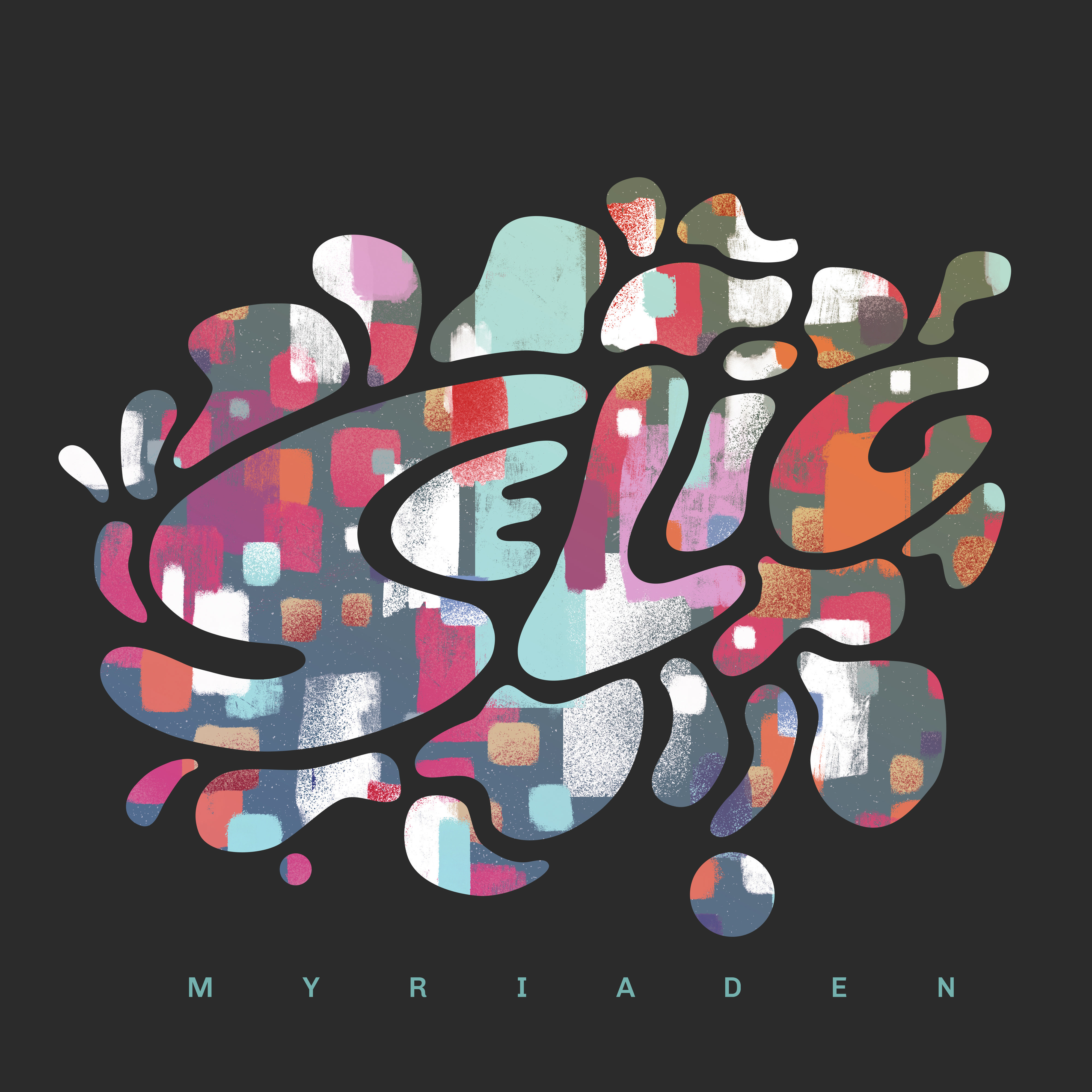 Abstraktes Kunstwerk mit bunten Formen und dem Wort 'MYRIADEN'.