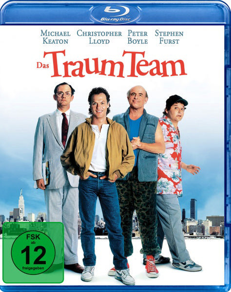 Blu-ray-Cover für den Film 'Das Traum Team', mit vier Männern vor einer Skyline.