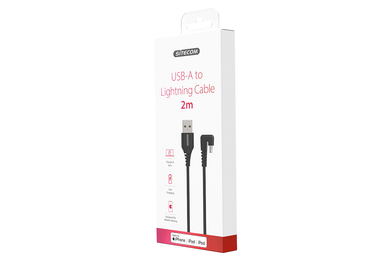 Witte doos met een USB-A naar Lightning-kabel, zwarte kabel. Tekst op de doos beschrijft de kabel.