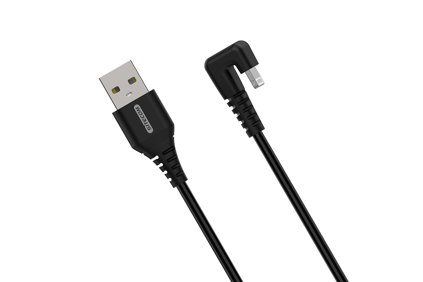 Zwarte USB-kabel met een USB-A-connector aan de ene kant en een haakse USB-C aan de andere kant.