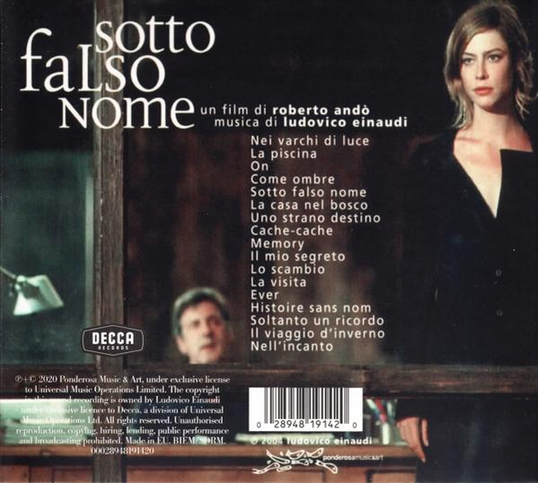 CD-hoes voor 'sotto falso nome'. Toont een vrouw, tekst en afbeeldingen van een man.