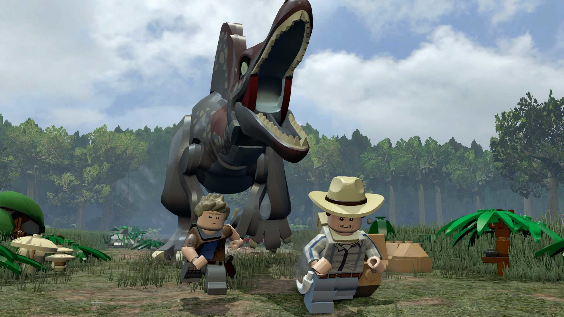 Des figurines Lego fuyant un dinosaure dans une scène de jungle Lego.