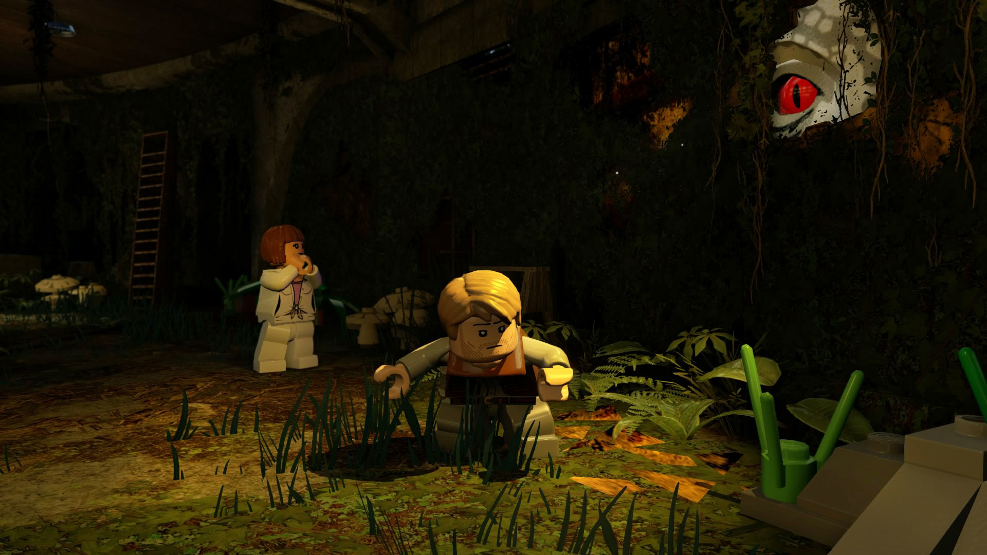 Personnages LEGO dans une jungle, avec un œil de dinosaure visible.